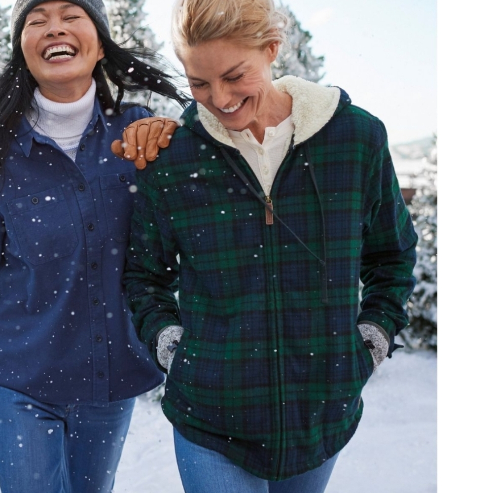 L.L. Bean, Women's Scotch Plaid Flannel Shirt, Sherpa-Lined Zip Hoodie - S